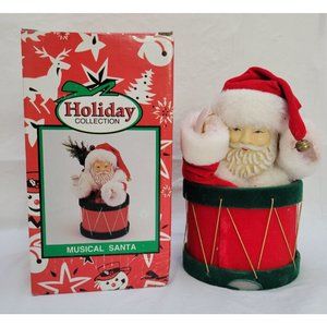 Vintage World Bazaars Holiday Collection Musical Wind-up Santa in Drum - RARE